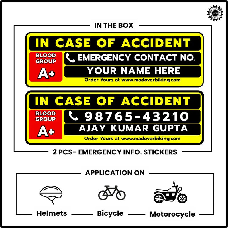Load image into Gallery viewer, Emergency Information Sticker - Customized with Name, Blood Group &amp; Contact (set of 2)
